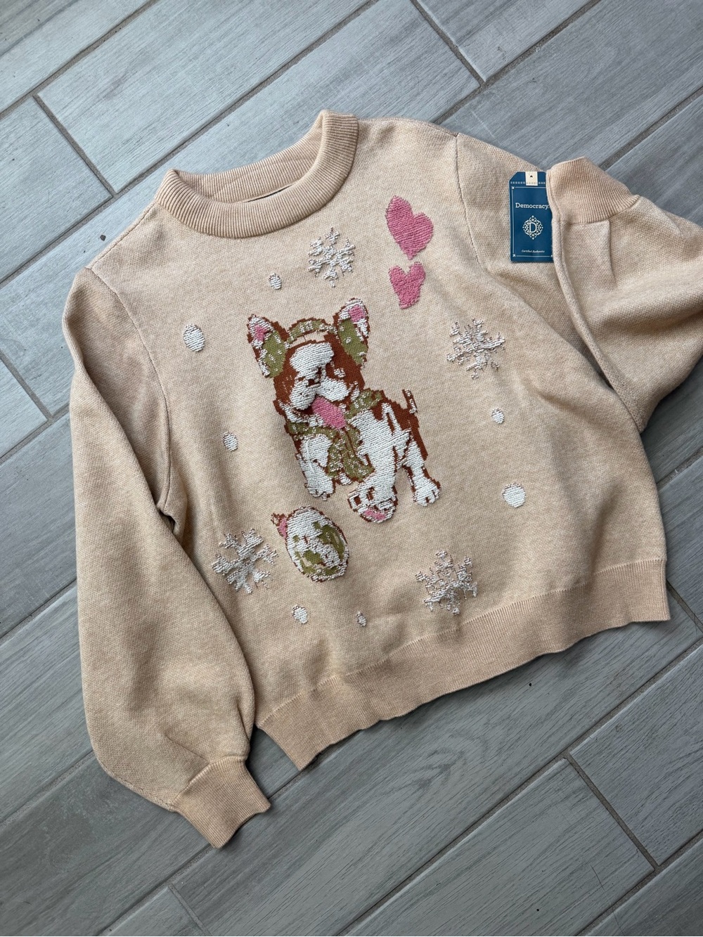 Democracy Tan Cream Puppy Intarsia Crew Sweater with Pink Accents